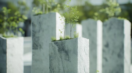 Small saplings sprout from atop numerous light-grey, textured stone pillars outdoors in soft sunlight