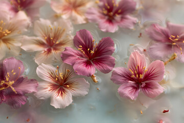 Delicate pink and white flowers floating in a translucent liquid.