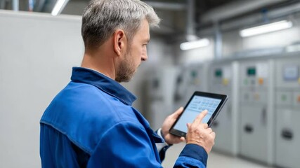 Electrical engineer using digital tablet in control room - Powered by Adobe