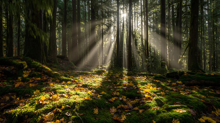Mystical Sunbeams Breaking Through Dense Forest Canopy, Illuminating Moss-Covered Ground and Golden Fallen Leaves