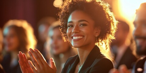 cinematic photograph of business professionals clapping and smiling during a corporate event, framed with soft lighting for a celebratory tone, Generative AI