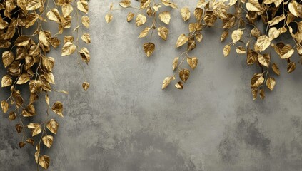 Gold leaves cascade down a textured gray wall