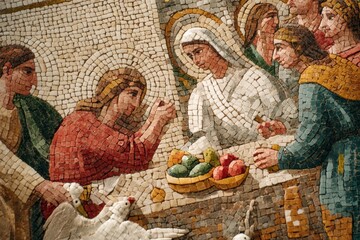 Mosaic Depicting Biblical Scene of the Last Supper, Conveying Themes of Faith and Historical Significance for Religious Education and Cultural Heritage : Generative AI