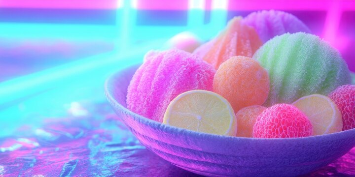 Pastellfarbene Eiscreme- und Obstschale unter Neonlicht