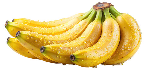 Close up of fresh ripe bananas with water droplets isolated on white