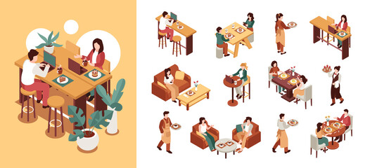 Isometric People at restaurants with illustration