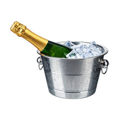 New metallic cold container with ice and a celebratory bottle of white wine
