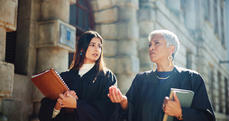 People, judge and talking in city outdoor for courtroom discussion, legal team and justice...