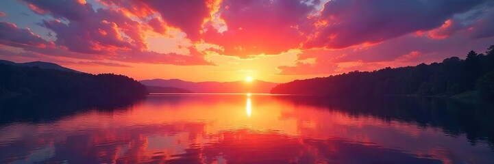 Fototapeta premium Vibrant sunset over a serene lake, reflecting the fiery colors of the sky Perfect for travel, nature, and landscape projects Ideal for calming and inspiring visuals , outstanding, serene
