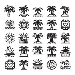 Obraz premium Collection of tropical beach icons featuring palm trees, sun, and ocean elements.