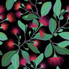 Seamless pattern with green leafy branches with bright red and purple fluffy eucalyptus flowers, vector illustration