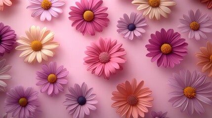 Fototapeta premium Pastel Paper Daisies on Pink Background