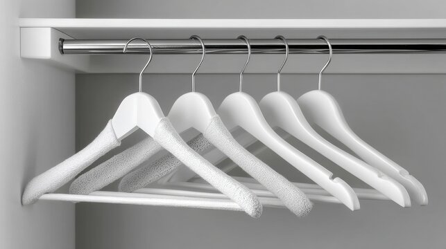 White closet space with single rail and multiple empty hangers