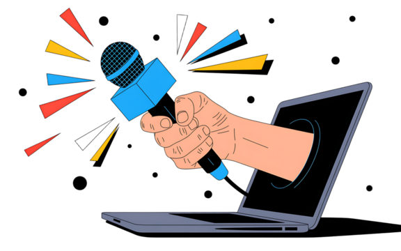 Hand holding microphone emerging from laptop screen