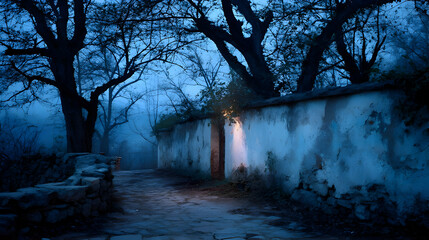 Mysterious Night Path: A dimly lit pathway winds through a misty forest, leading to an old, weathered stone wall with a mysterious opening. The scene evokes a sense of mystery and intrigue.