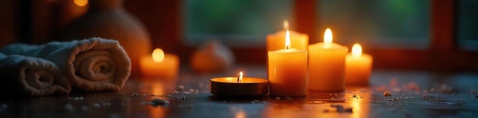 Warm, flickering candlelight illuminates a cozy scene, casting soft shadows and creating a romantic ambiance  Perfect for home decor, relaxation, and spa themes ,  flame,  fairytale