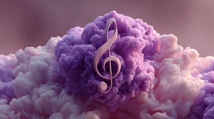 Serene Allegorical Visualization of a Luminous Purple Musical Emblem Above a Billowy White Cloud with Enchanting Abstract Design