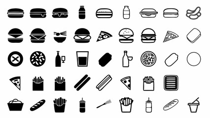 Naklejka premium A delightful array of food icons representing a diverse culinary experience in solid black and line