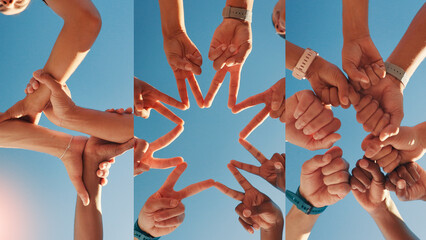 Blue sky, collage and below of hands with friends for support, collaboration or teamwork. Group, low angle and men and women with star, fist bump and huddle for connection, solidarity or bonding