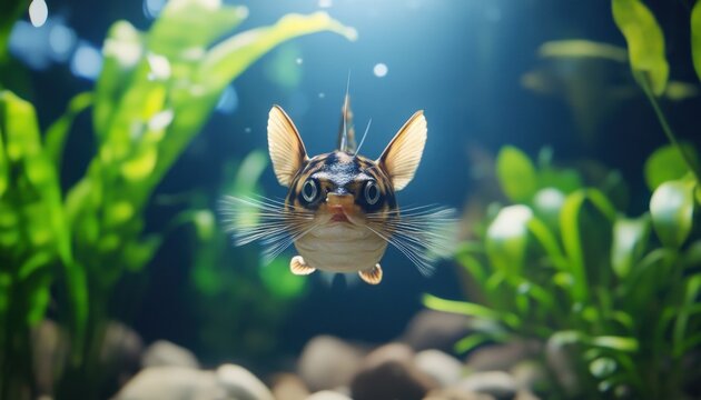 Portr&auml;t eines Zwerg-Welse mit Katzenohren-Effekt in einem Aquarium