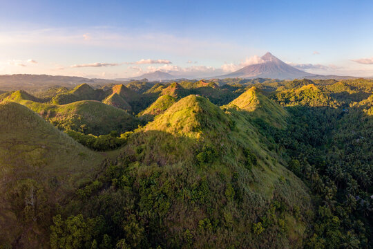 Rolling hills and mount Mayon volcano, Albay, Philippines