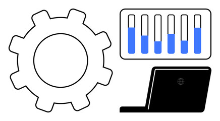 Gear symbolizing process, laptop for tech, analytics chart showing performance. Ideal for innovation, progress, automation, productivity, workflow, tech solutions simple landing page
