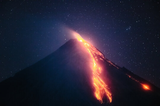 Mayon volcano eruption at night, Philippines