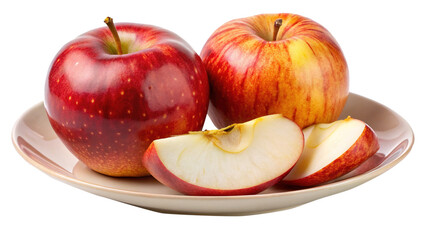 Two whole apples and two apple slices on a beige plate