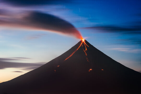 Volcano Mayon eruption with lava flow and smoke, Bicol, Philippines