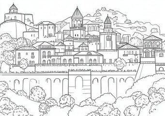 Naklejka premium Zeichnung einer mittelalterlichen Stadtlandschaft