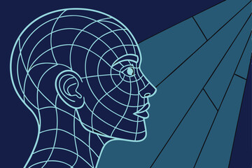 A human head silhouette in blue evokes concepts of mind, intelligence, and thought, often representing ideas or creativity with a symbolic profile illustration