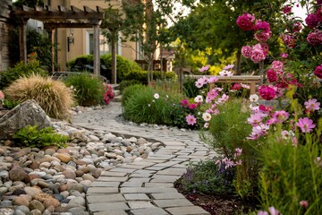 Obraz premium Charming Garden Pathway Lined With Pink Flowers Leading To Cozy Suburban Home Patio