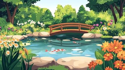 Koi pond with garden bridge, and spring.