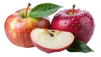 Three apples showing a whole, sliced, and water droplets on their surface