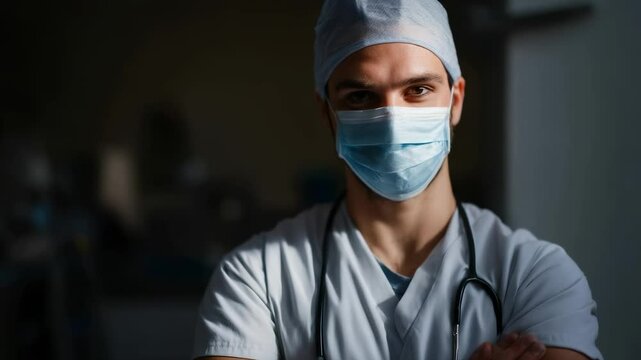 Male doctor looking on camera while working in hospital clinic wearing mask - Medical, health care and surgeon concept - Model by AI generative 