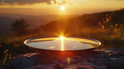 Obraz premium Golden sunset reflected in a shallow metal dish on a rock with a mountain landscape in the background