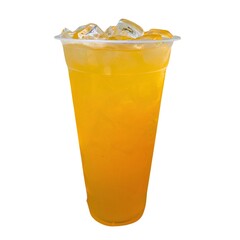 Iced orange drink in a clear plastic cup with ice cubes