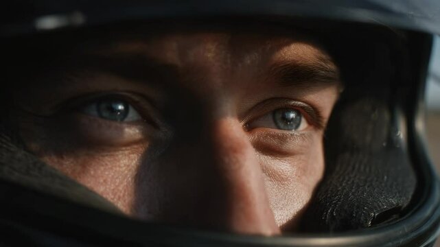 Close up of driver man wearing helmet outdoor - Formula 1 and moto gp concept - Model by AI generative 