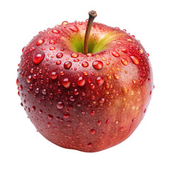 Perfectly spherical red apple covered in water droplets on a white background