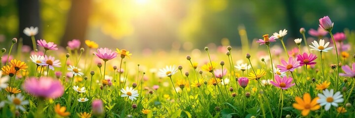 Sun-drenched springtime meadow bursting with wildflowers in full bloom  A vibrant scene of nature's renewal, perfect for springtime themes and nature backgrounds , vibrant, serene