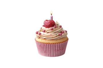 Birthday cupcake with cream frosting, pink sprinkles, strawberry and striped pink candle, isolated on a transparent background