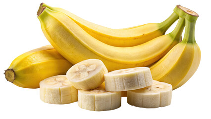 A colorful arrangement of ripe yellow bananas with several sliced pieces nearby