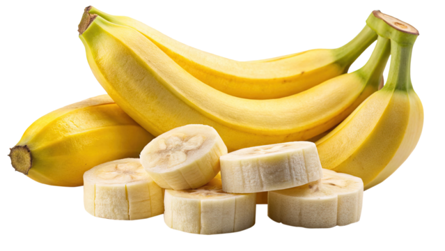 A colorful arrangement of ripe yellow bananas with several sliced pieces nearby