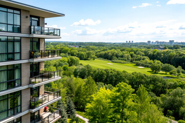 Modern apartment building with balconies overlooks a lush green golf course surrounded by trees and a distant city skyline under a bright sky.