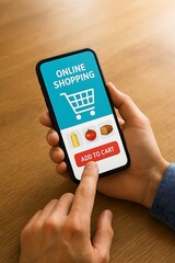 Convenient Online Grocery Shopping App Experience Using Smartphone for Effortless Food Ordering and Delivery Service on Wooden Table