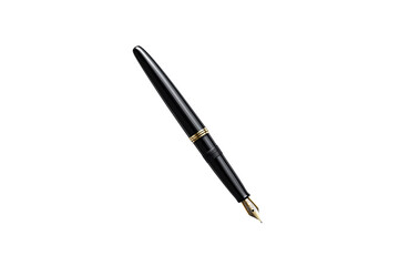 Classic black fountain pen positioned diagonally with visible gold nib and detailing, isolated on a transparent background