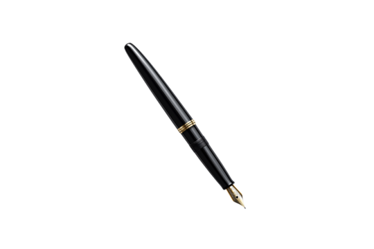 Classic black fountain pen positioned diagonally with visible gold nib and detailing, isolated on a transparent background