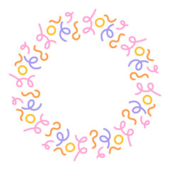 Whimsical Confetti Party Round Frame.Fun celebratory circle with curly, quirky doodle line elements in festive rainbow palette. Vector illustration