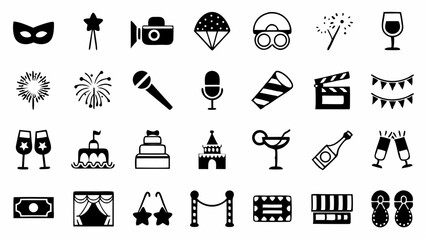 A lively array of party icons celebrating joy from masks to champagne capturing festive cheer in