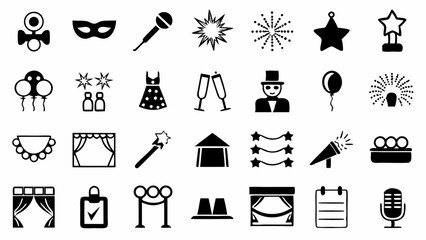 A dazzling array of party and celebration icons evoking fun glamour and joyful memories with solid